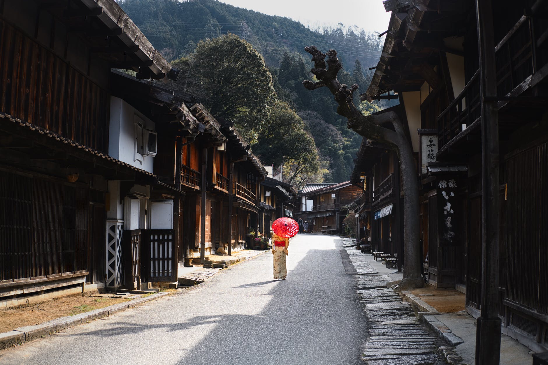 woman under umbrella walking through the street